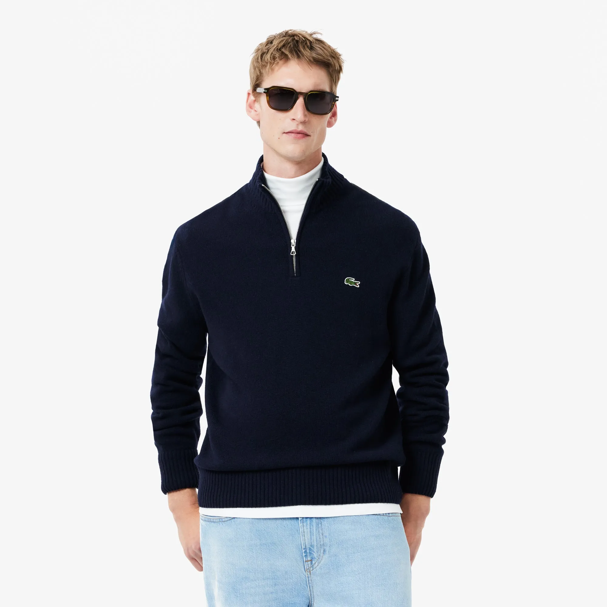High Zip Neck Monochrome Carded Wool Sweater - AH3052