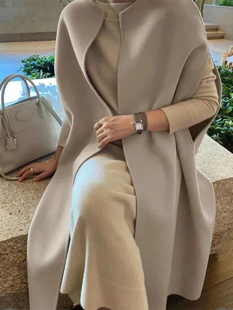 LVSANW [EWQ] Korea Chic Tops Elegant Vintage O Neck Shawl Loose Cardigan Coffee Woolen Women Autumn 2024 Winter Shawl Cloak Coats U7318