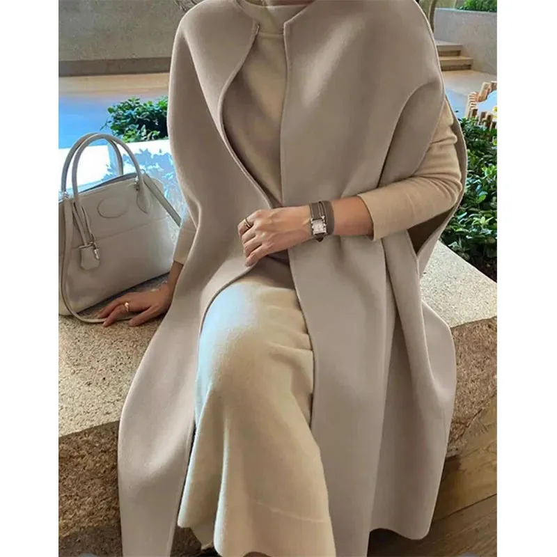 LVSANW [EWQ] Korea Chic Tops Elegant Vintage O Neck Shawl Loose Cardigan Coffee Woolen Women Autumn 2024 Winter Shawl Cloak Coats U7318