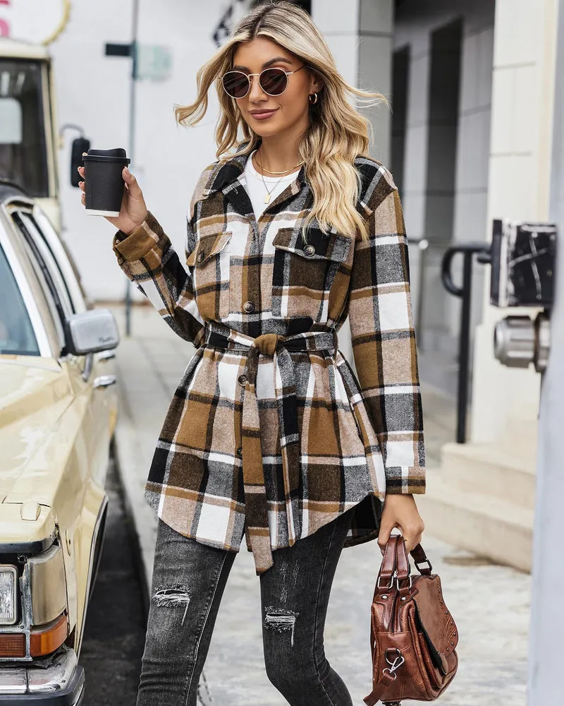 Zeagoo Womens Fashion 2023 Plaid Shacket Jacket Button Down Trench Coats Wool Blend Peacoat Belted Outwear with Pockets
