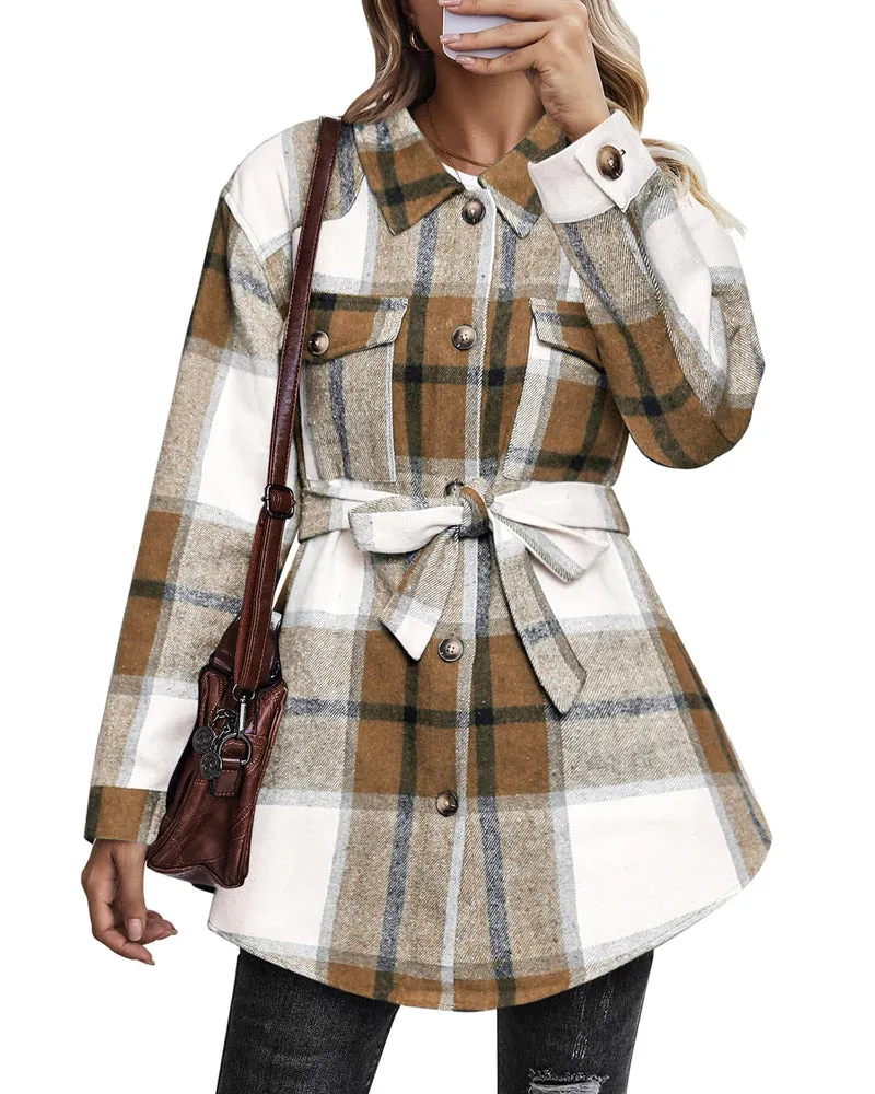 Zeagoo Womens Fashion 2023 Plaid Shacket Jacket Button Down Trench Coats Wool Blend Peacoat Belted Outwear with Pockets