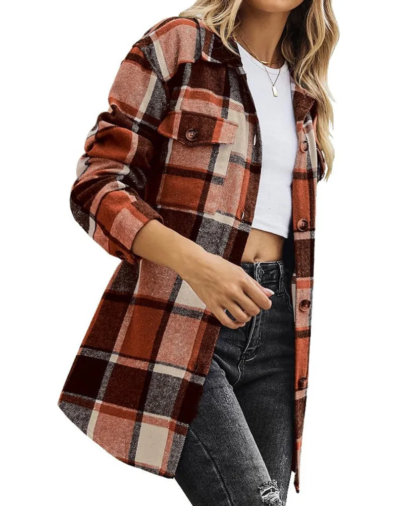 Zeagoo Womens Fashion 2023 Plaid Shacket Jacket Button Down Trench Coats Wool Blend Peacoat Belted Outwear with Pockets