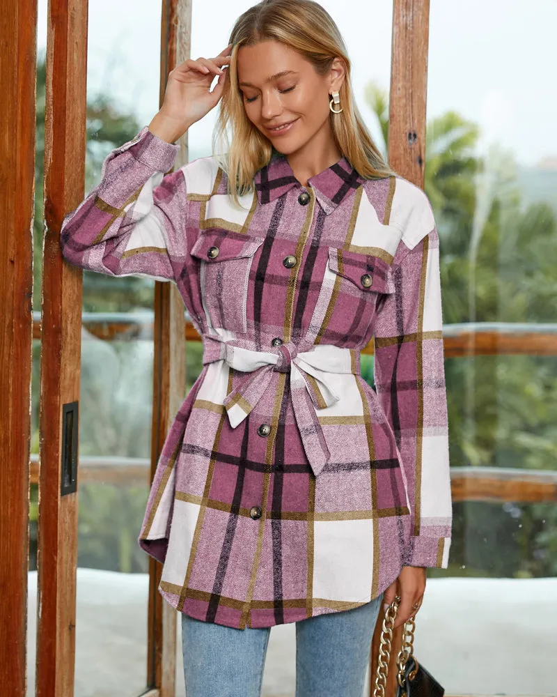 Zeagoo Womens Fashion 2023 Plaid Shacket Jacket Button Down Trench Coats Wool Blend Peacoat Belted Outwear with Pockets