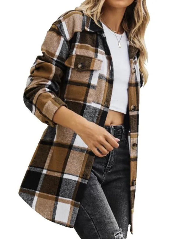 Zeagoo Womens Fashion 2023 Plaid Shacket Jacket Button Down Trench Coats Wool Blend Peacoat Belted Outwear with Pockets