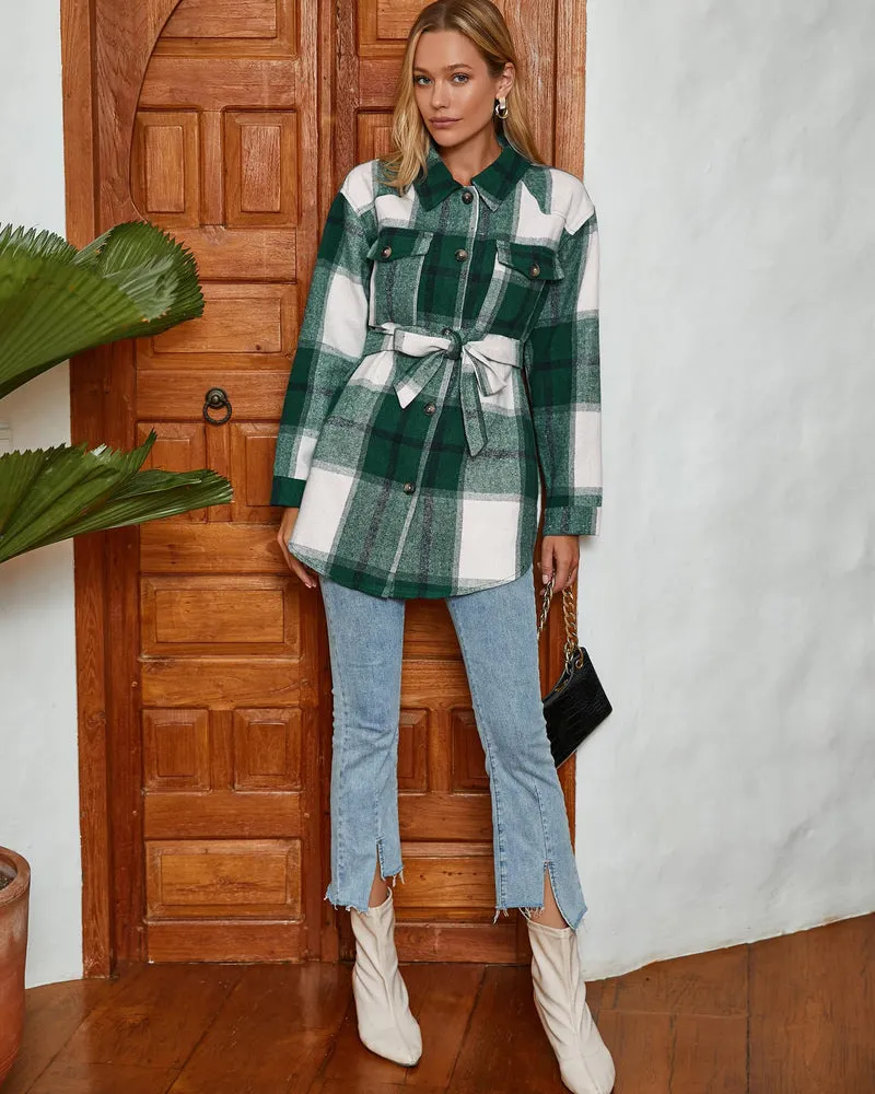 Zeagoo Womens Fashion 2023 Plaid Shacket Jacket Button Down Trench Coats Wool Blend Peacoat Belted Outwear with Pockets