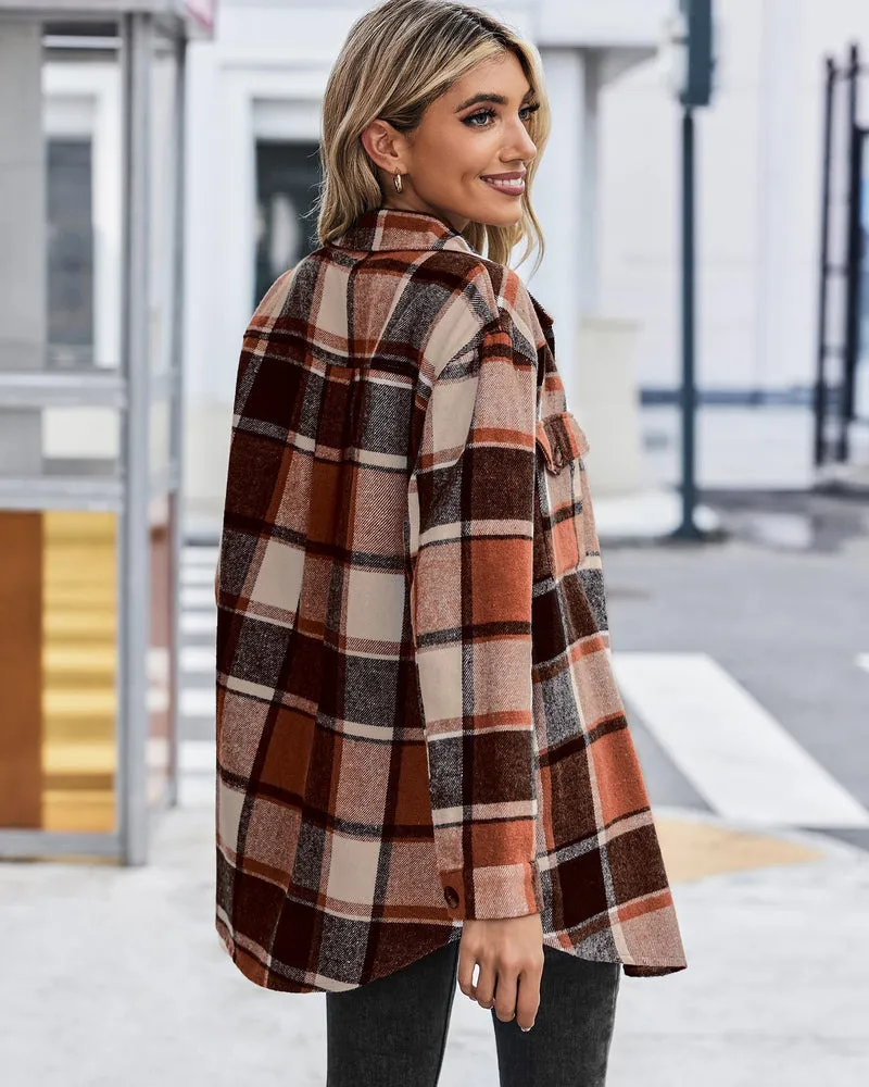 Zeagoo Womens Fashion 2023 Plaid Shacket Jacket Button Down Trench Coats Wool Blend Peacoat Belted Outwear with Pockets