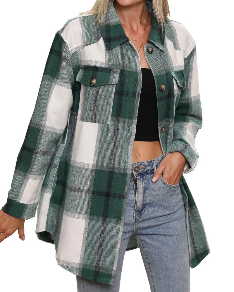Zeagoo Womens Fashion 2023 Plaid Shacket Jacket Button Down Trench Coats Wool Blend Peacoat Belted Outwear with Pockets