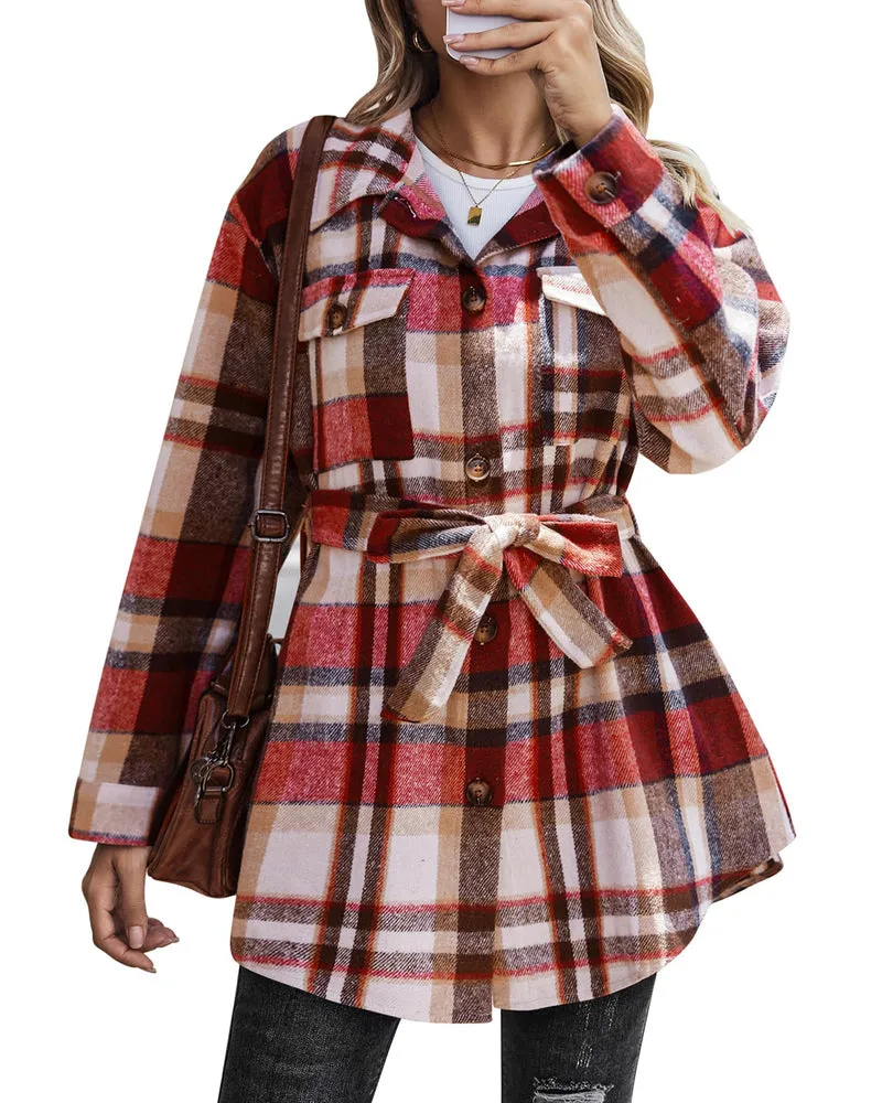 Zeagoo Womens Fashion 2023 Plaid Shacket Jacket Button Down Trench Coats Wool Blend Peacoat Belted Outwear with Pockets